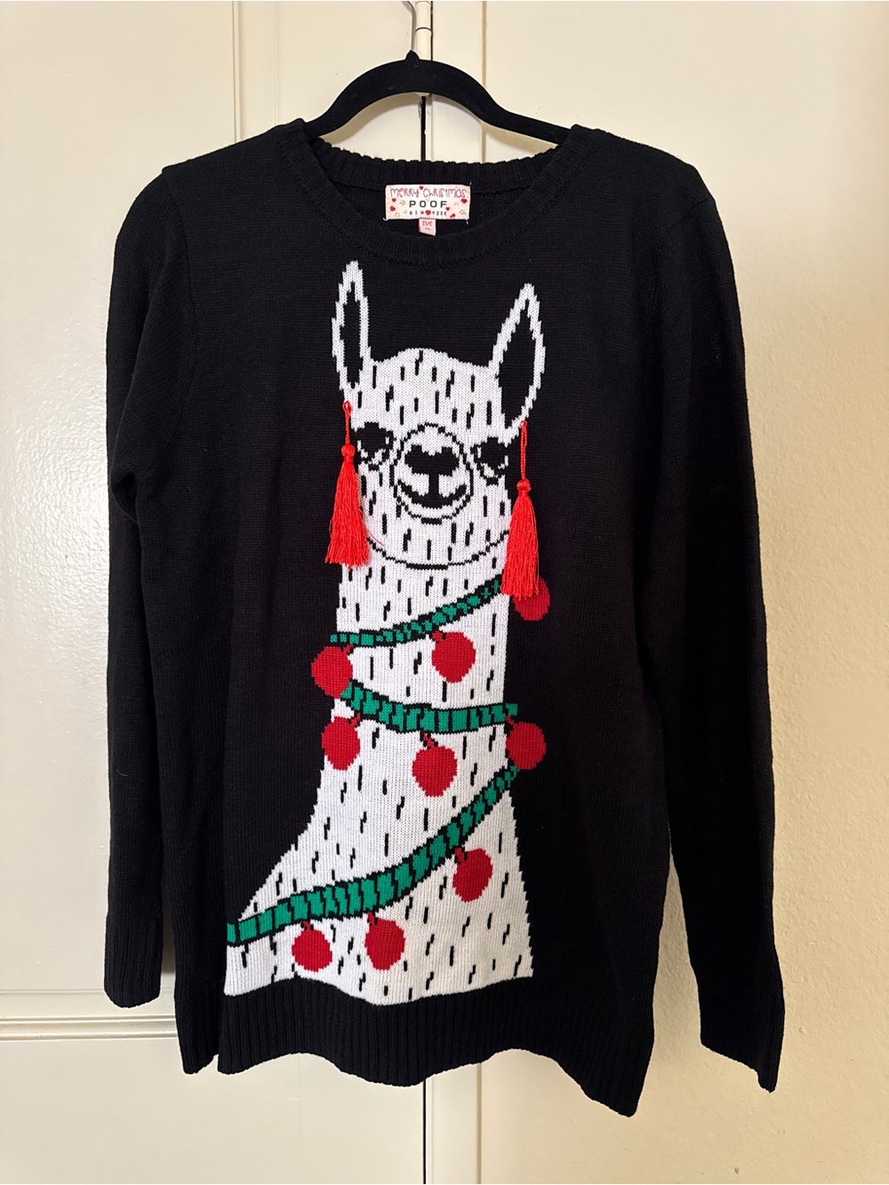 Poof! Festive Black Holiday Sweater with White Llama and Red Tassels NWT